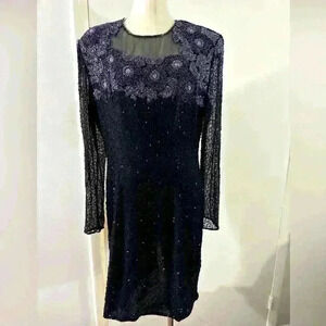 Vintage 80s 100% SILK Black Stenay Beaded Sequin Gown Dress Size 14